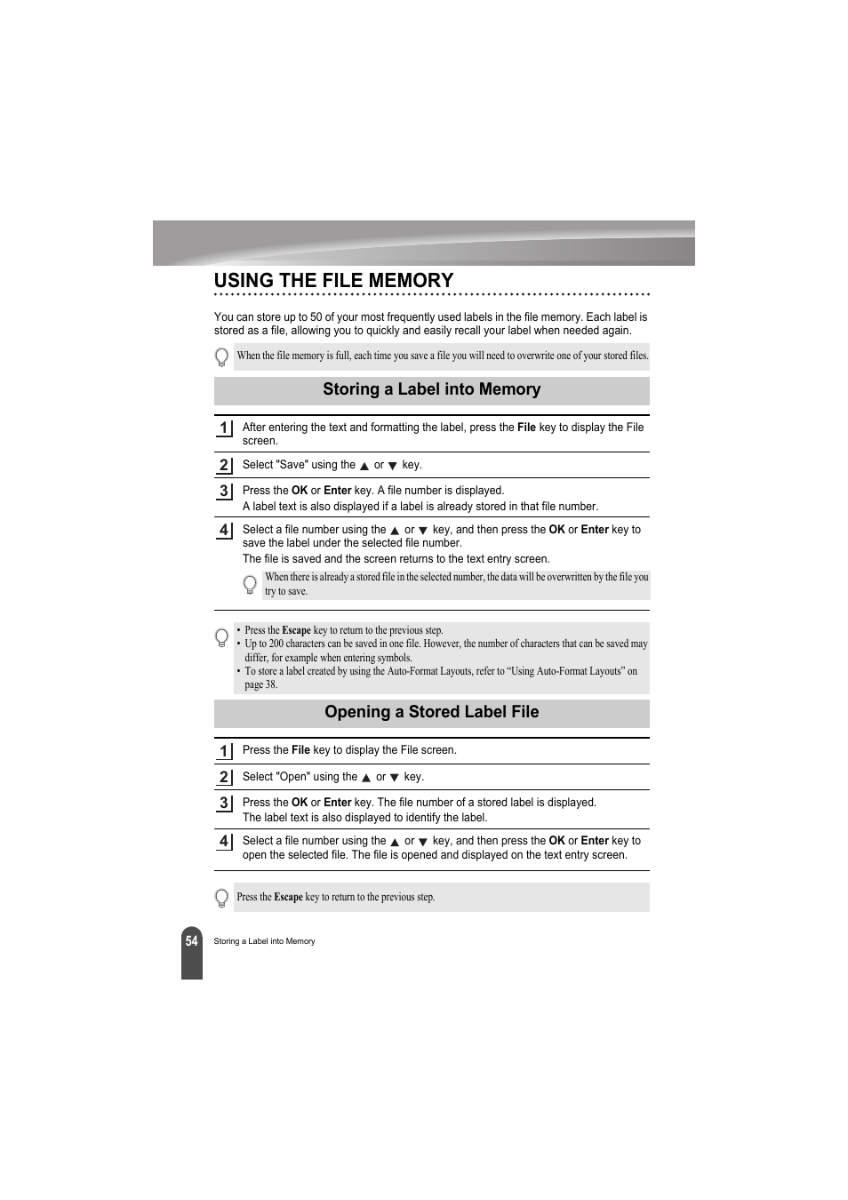 Using the file memory, Storing a label into memory, Opening a stored label file | Brother PT-H300 User Manual | Page 60 / 73