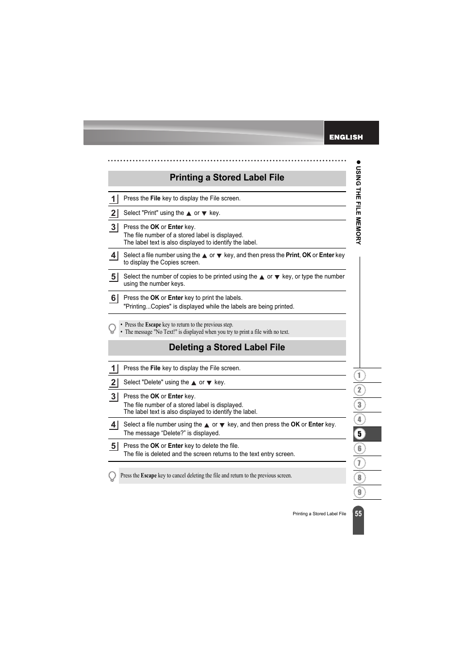 Printing a stored label file, Deleting a stored label file | Brother PT-H300 User Manual | Page 61 / 73