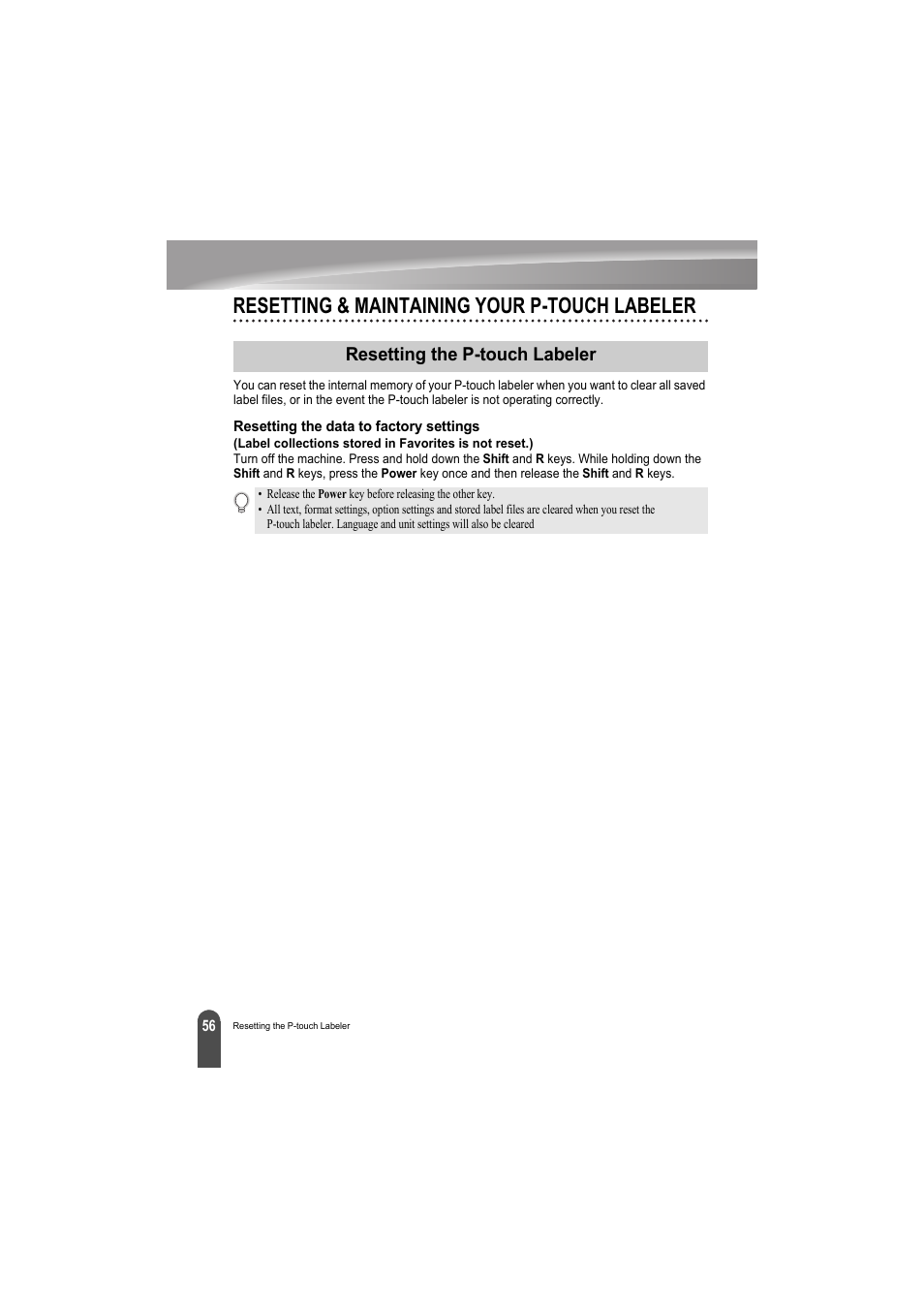 Resetting & maintaining your p-touch labeler, Resetting the p-touch labeler, Resetting the data to factory settings | Brother PT-H300 User Manual | Page 62 / 73