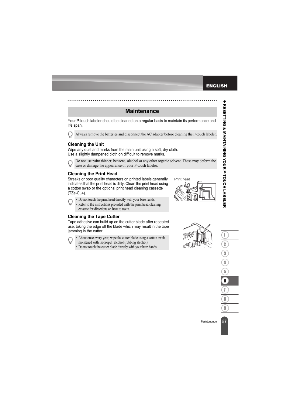 Maintenance, Cleaning the unit, Cleaning the print head | Cleaning the tape cutter | Brother PT-H300 User Manual | Page 63 / 73