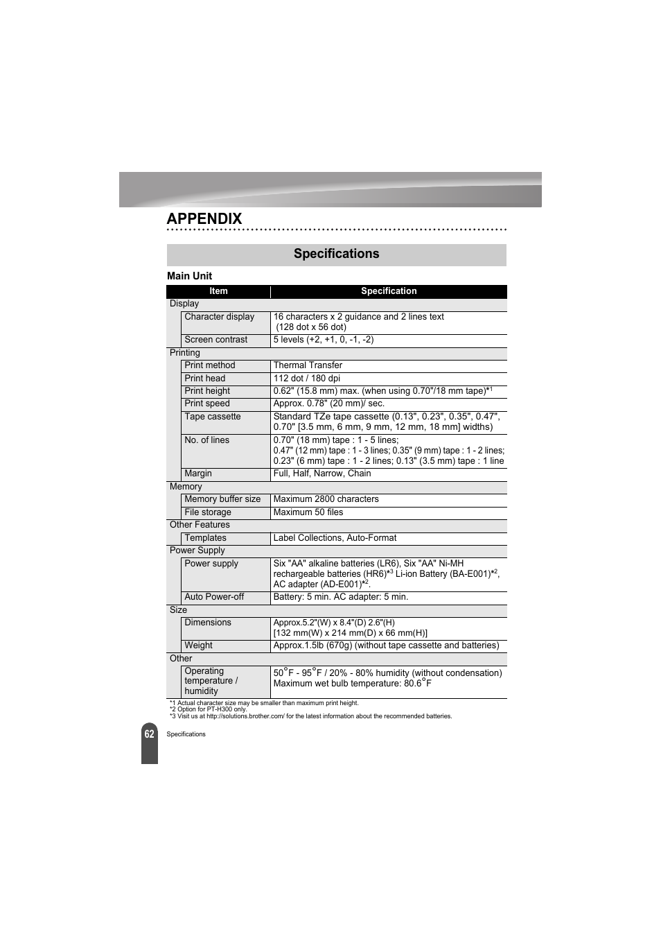 Appendix, Specifications | Brother PT-H300 User Manual | Page 68 / 73