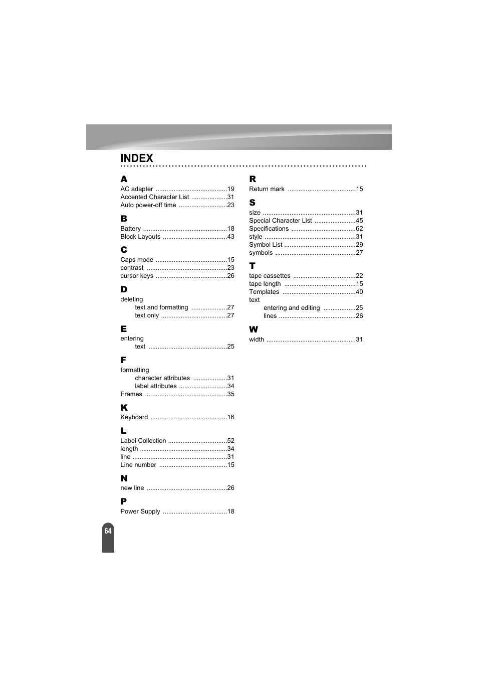 Index | Brother PT-H300 User Manual | Page 70 / 73