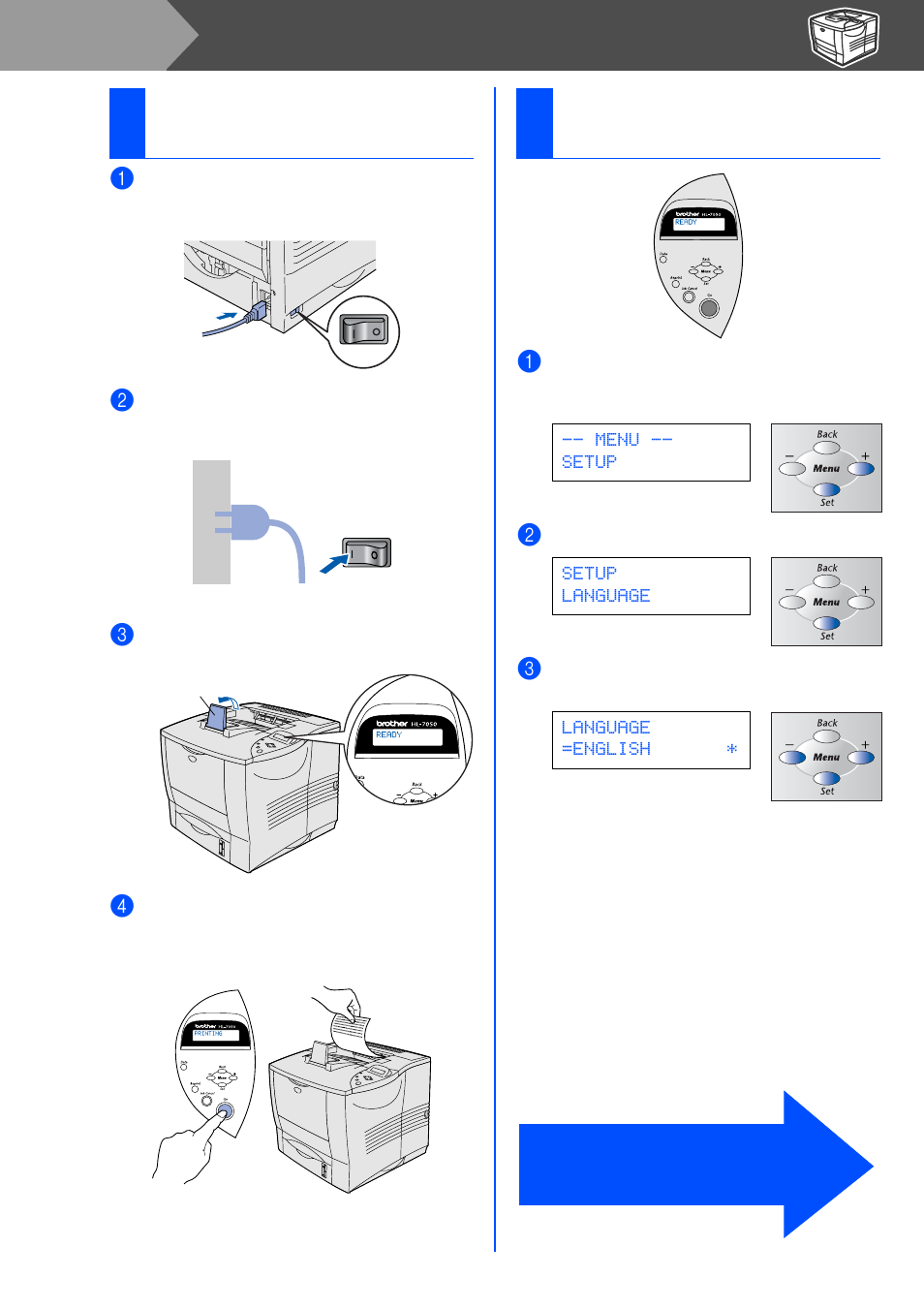 Setting your language on the control panel, Step 1, 4print a test page | 5setting your language on the control panel | Brother HL-7050 User Manual | Page 10 / 35