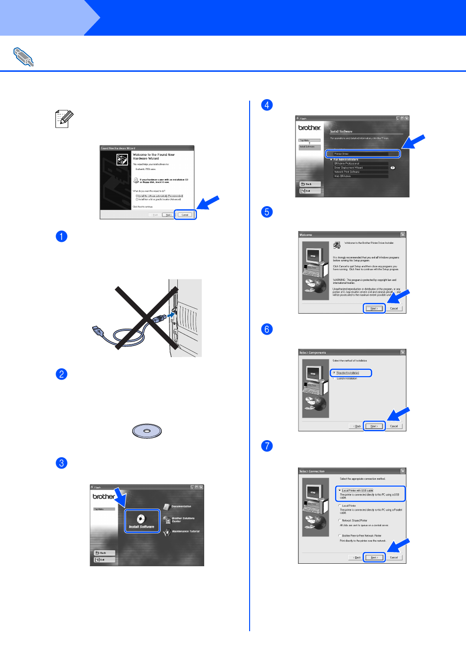 For usb interface cable users, Ca nc el, Step 2 | Installing the driver | Brother HL-7050 User Manual | Page 12 / 35