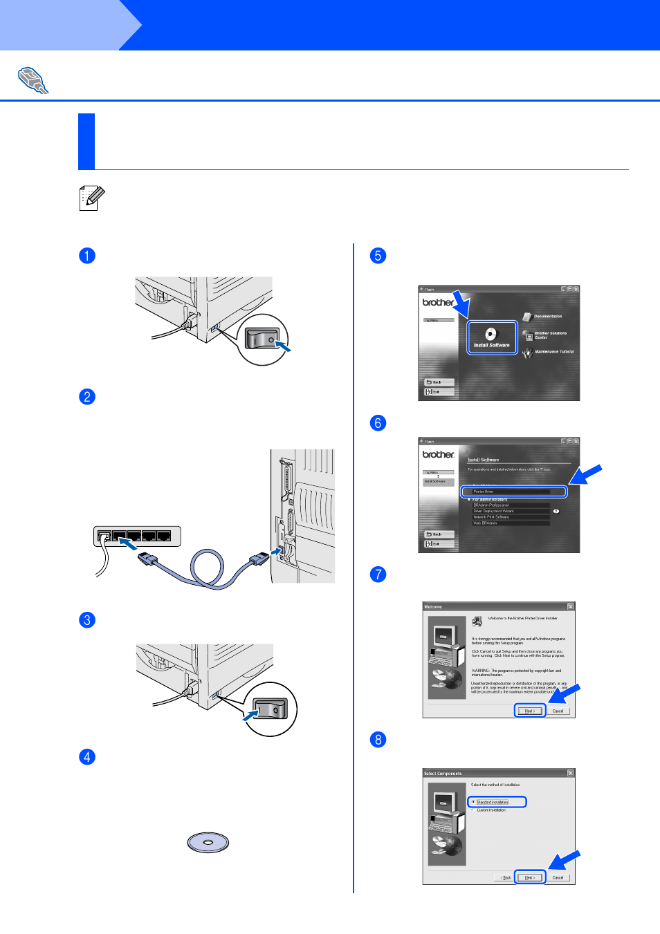 For network interface cable users, Step 2, Installing the driver | Brother HL-7050 User Manual | Page 16 / 35