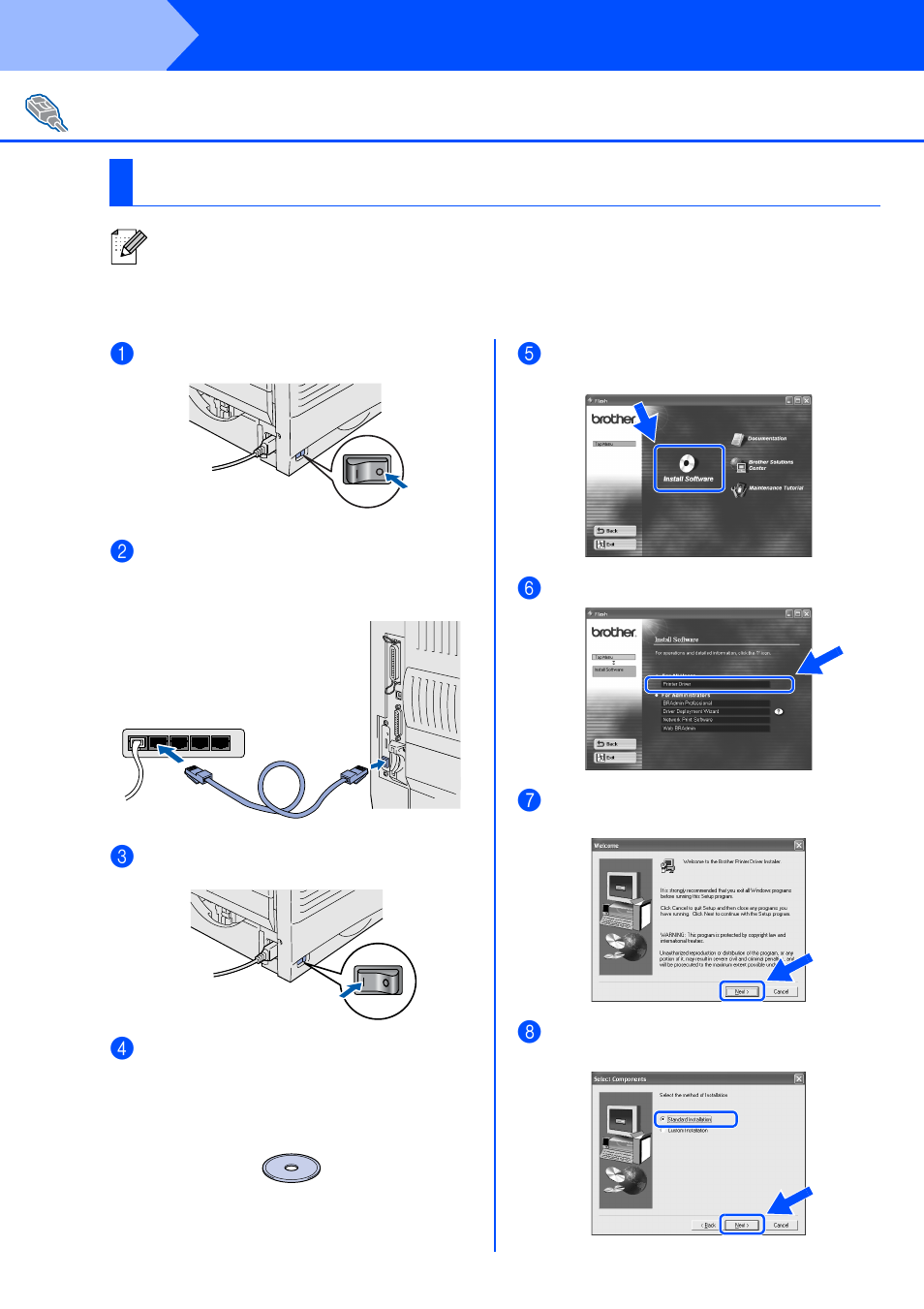 For network shared printer users, Step 2, Installing the driver | For network interface cable users | Brother HL-7050 User Manual | Page 20 / 35