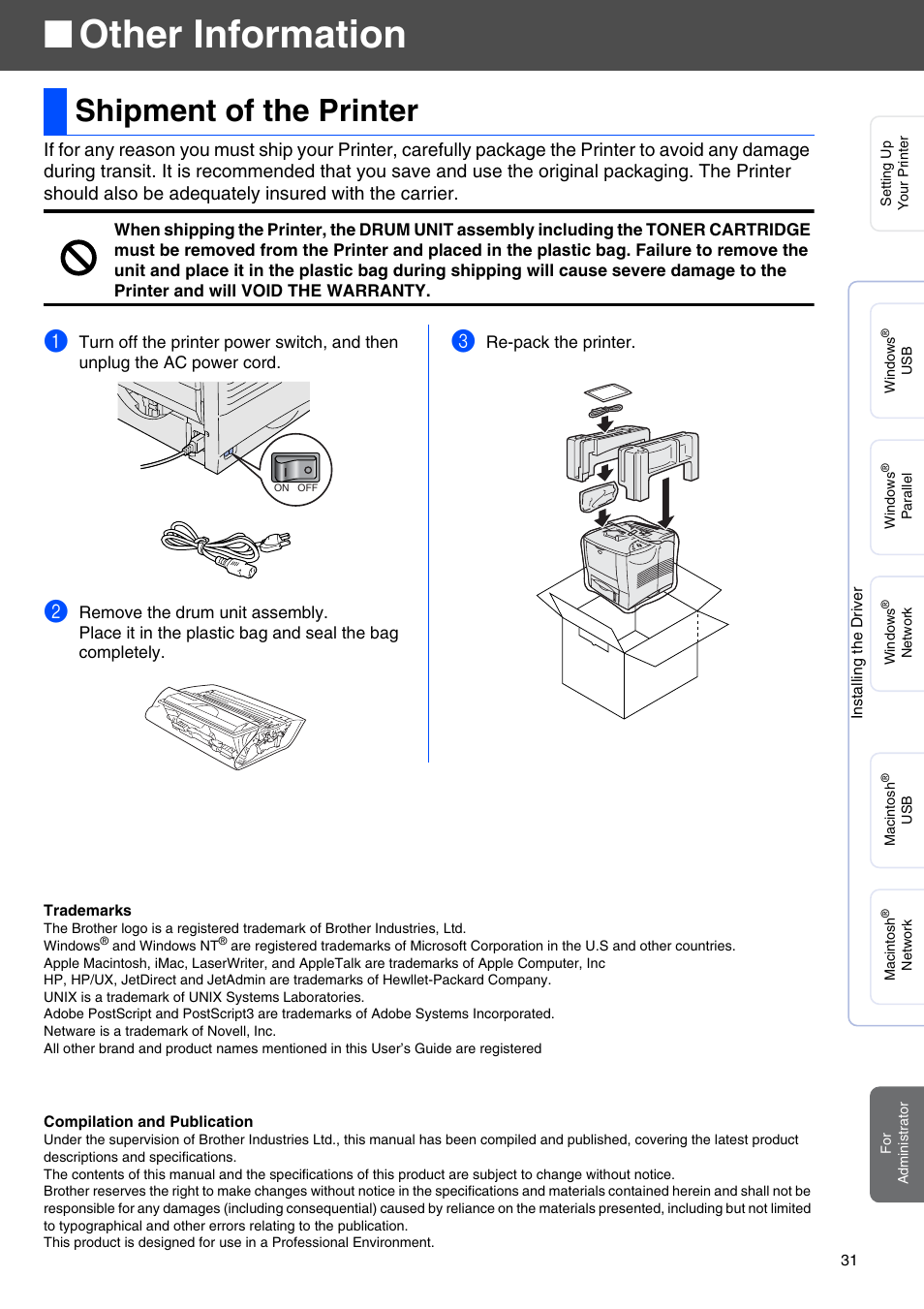 Other information, Shipment of the printer | Brother HL-7050 User Manual | Page 33 / 35