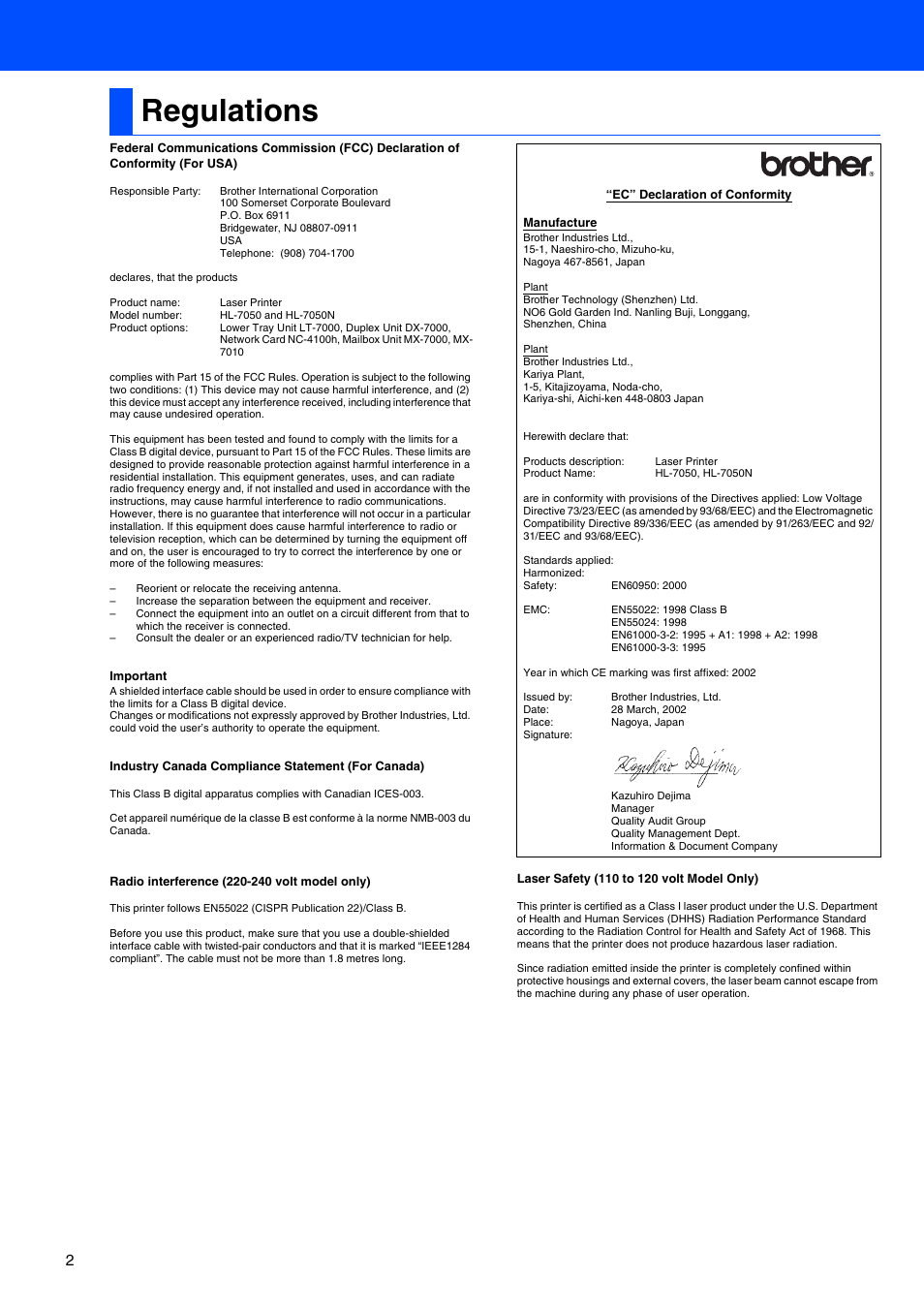 Regulations | Brother HL-7050 User Manual | Page 4 / 35