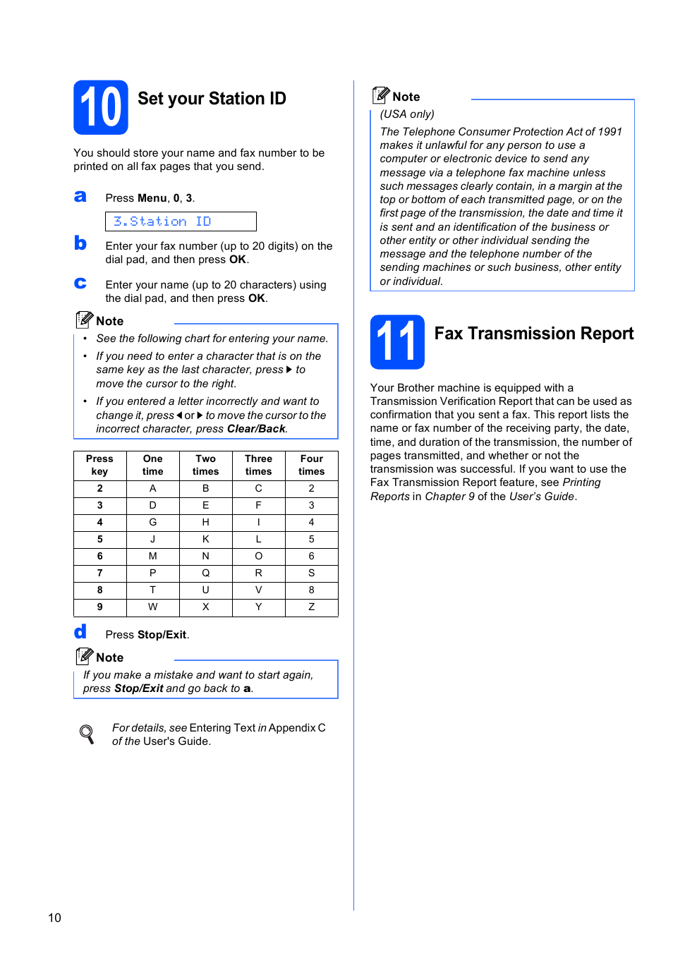 10 set your station id, 11 fax transmission report, Set your station id | Fax transmission report | Brother MFC-255CW User Manual | Page 10 / 46