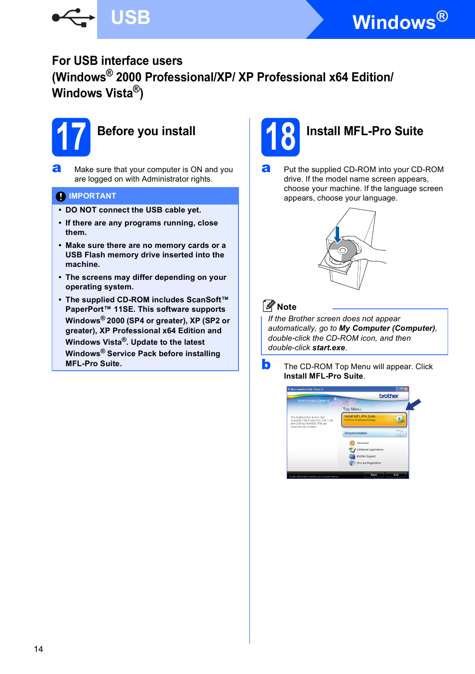 17 before you install, 18 install mfl-pro suite, Windows | Brother MFC-255CW User Manual | Page 14 / 46