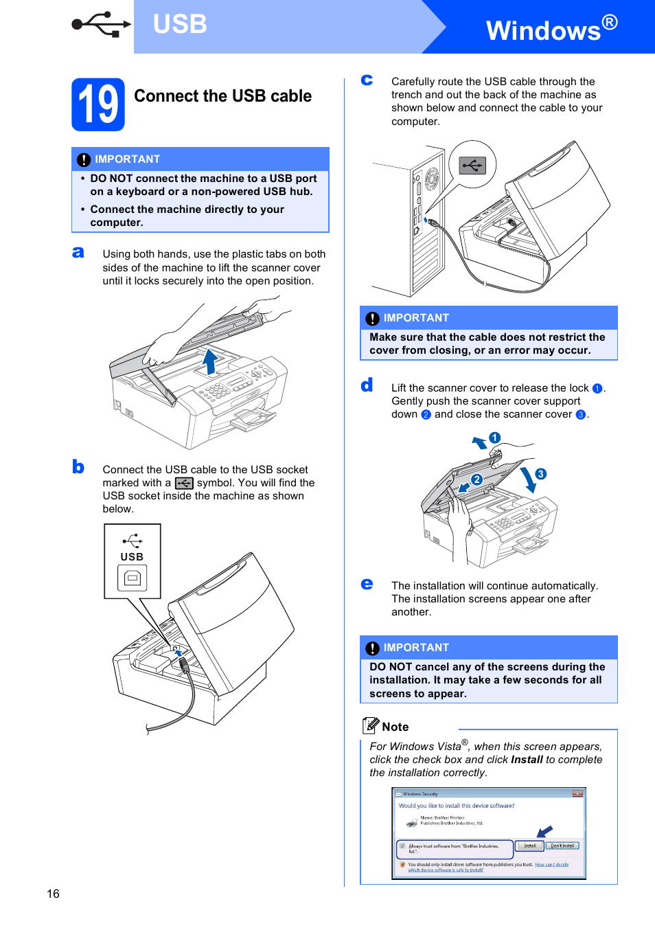 19 connect the usb cable, Windows, Connect the usb cable | Brother MFC-255CW User Manual | Page 16 / 46