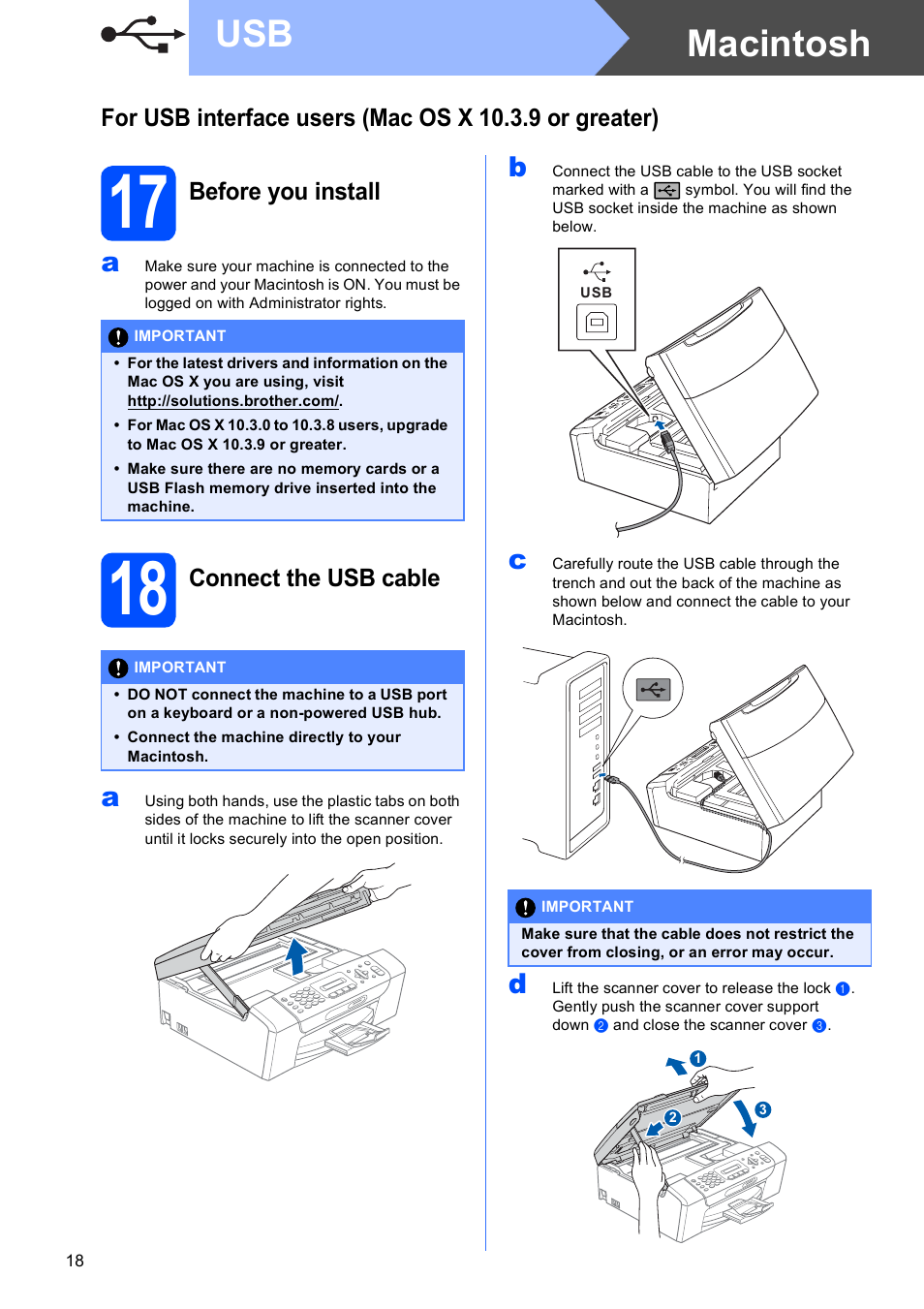 17 before you install, 18 connect the usb cable, Macintosh usb | Before you install, Connect the usb cable | Brother MFC-255CW User Manual | Page 18 / 46