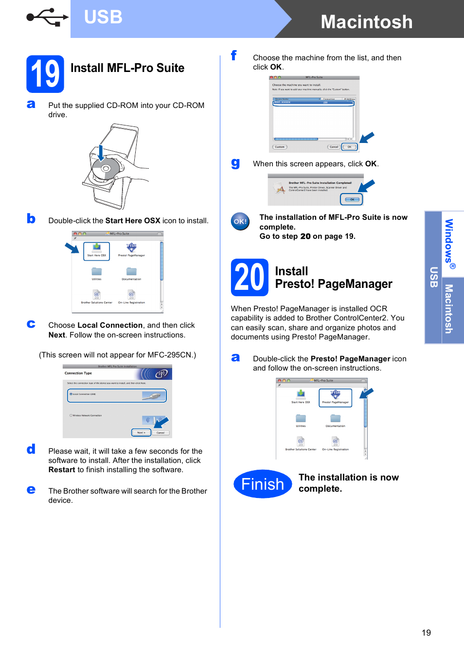 19 install mfl-pro suite, Macintosh usb, Finish | Brother MFC-255CW User Manual | Page 19 / 46