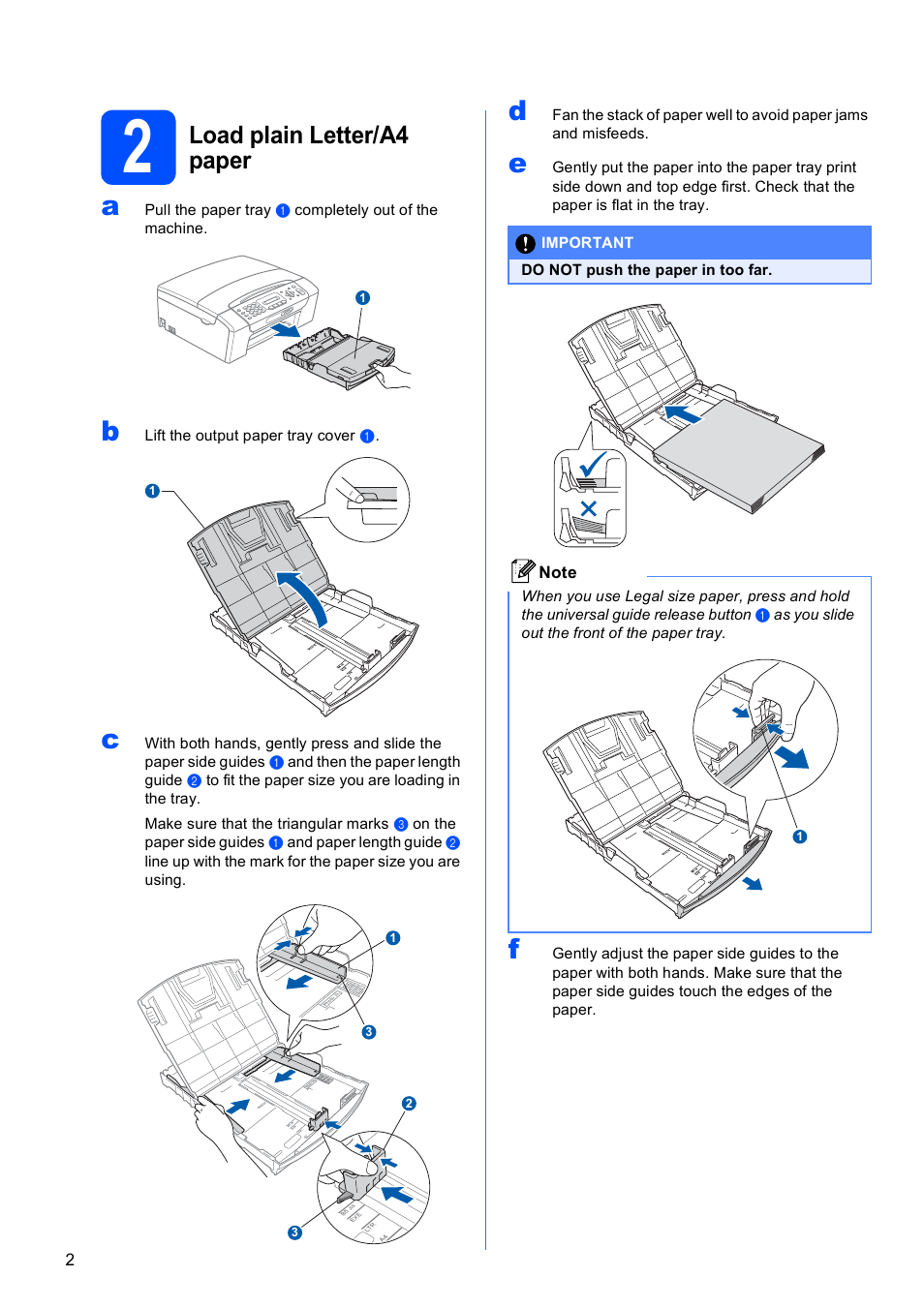 2 load plain letter/a4 paper, Load plain letter/a4 paper | Brother MFC-255CW User Manual | Page 2 / 46