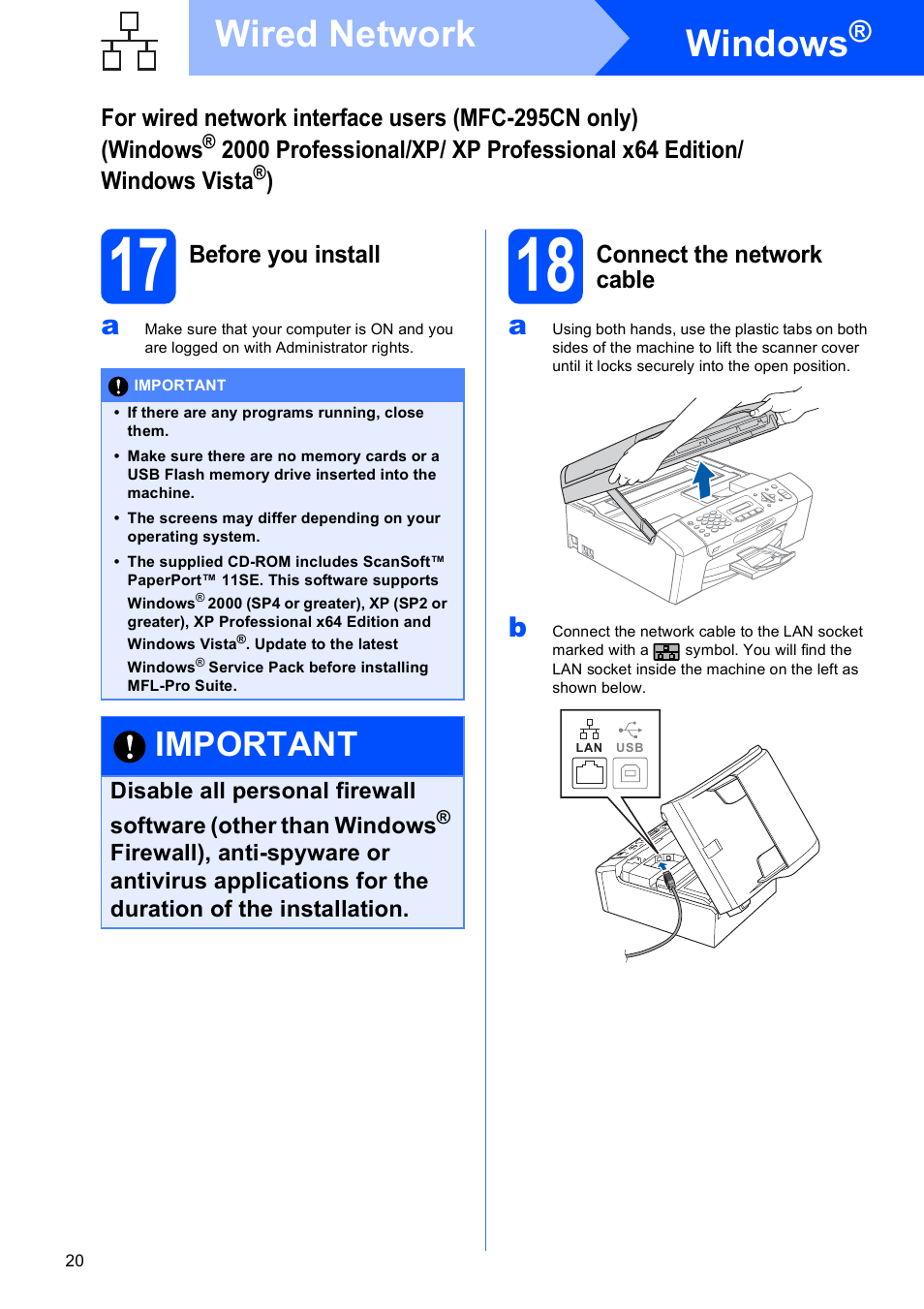17 before you install, 18 connect the network cable, Windows | Wired network, Important | Brother MFC-255CW User Manual | Page 20 / 46