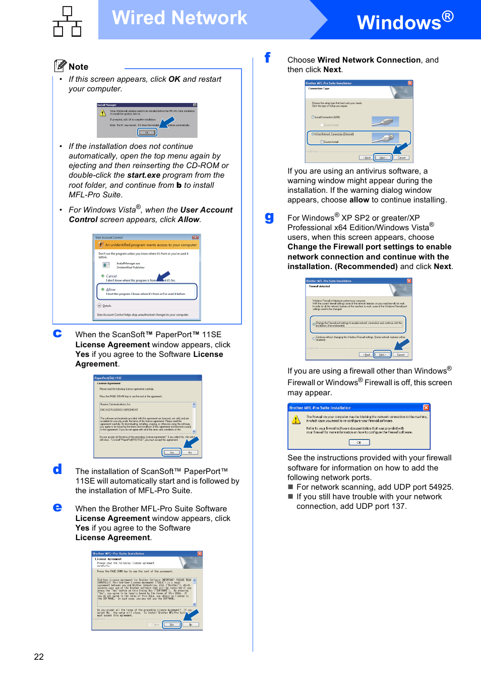 Windows, Wired network | Brother MFC-255CW User Manual | Page 22 / 46