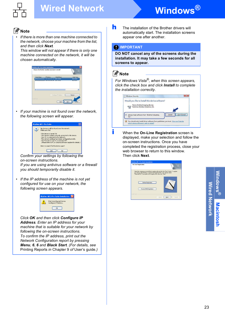 Windows, Wired network | Brother MFC-255CW User Manual | Page 23 / 46