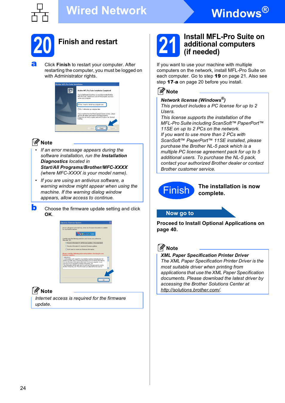 20 finish and restart, Windows, Wired network | Finish | Brother MFC-255CW User Manual | Page 24 / 46