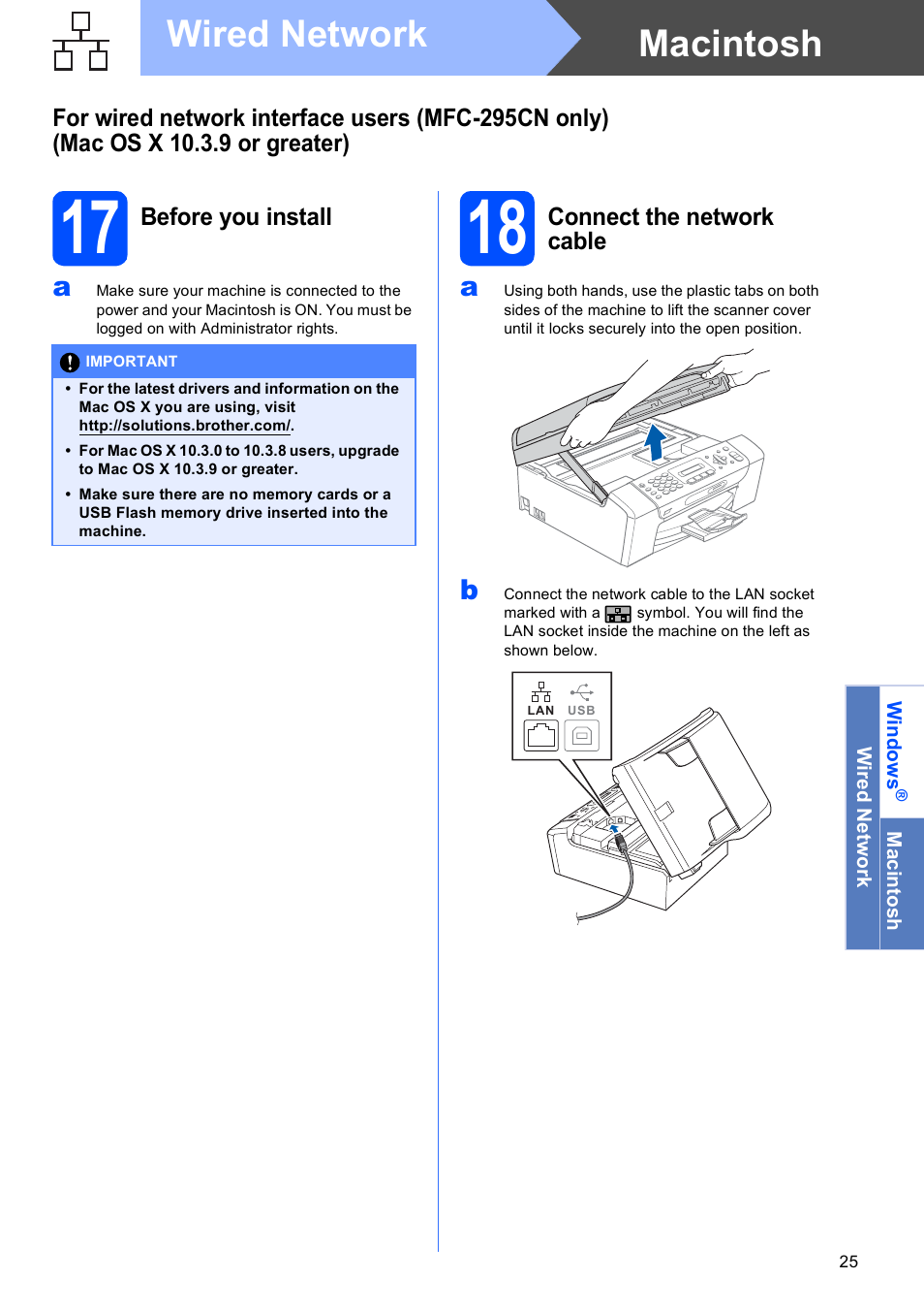 17 before you install, 18 connect the network cable, Macintosh wired network | Brother MFC-255CW User Manual | Page 25 / 46