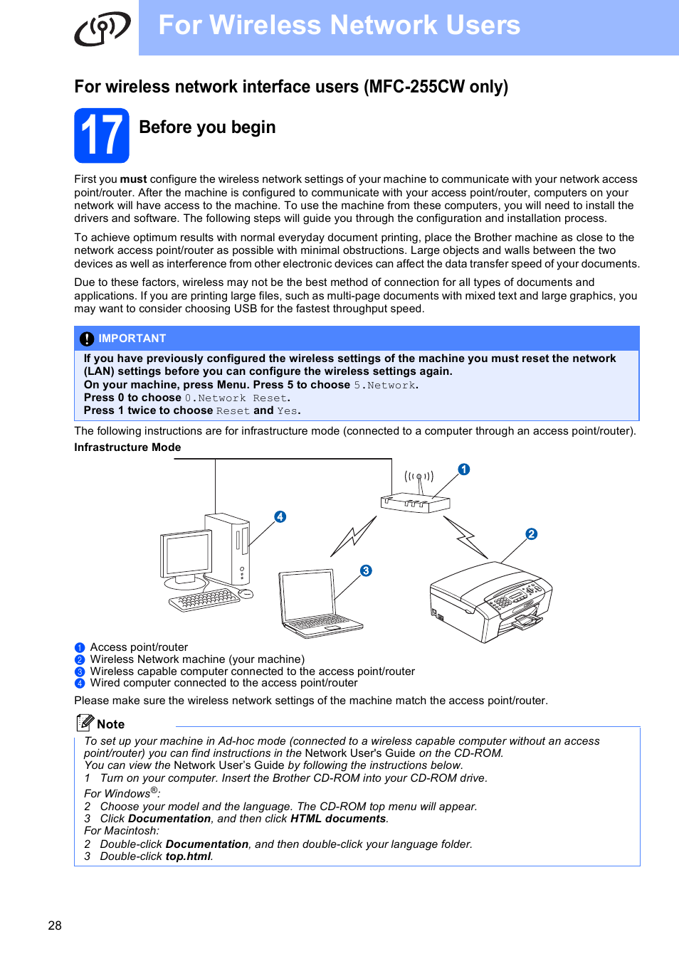 17 before you begin, For wireless network users, Before you begin | Brother MFC-255CW User Manual | Page 28 / 46