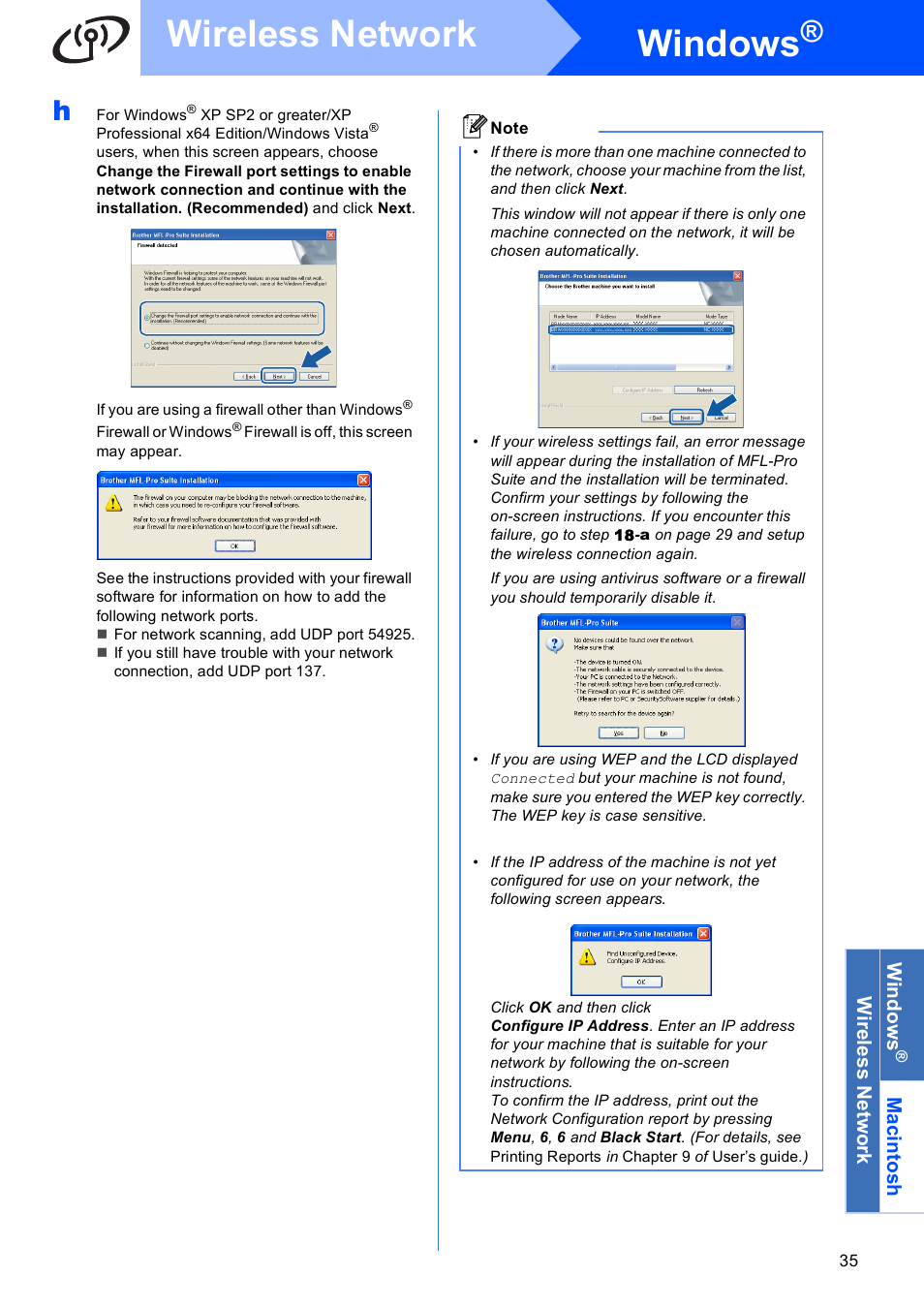 Windows, Wireless network, Macinto sh wirele ss network | Brother MFC-255CW User Manual | Page 35 / 46