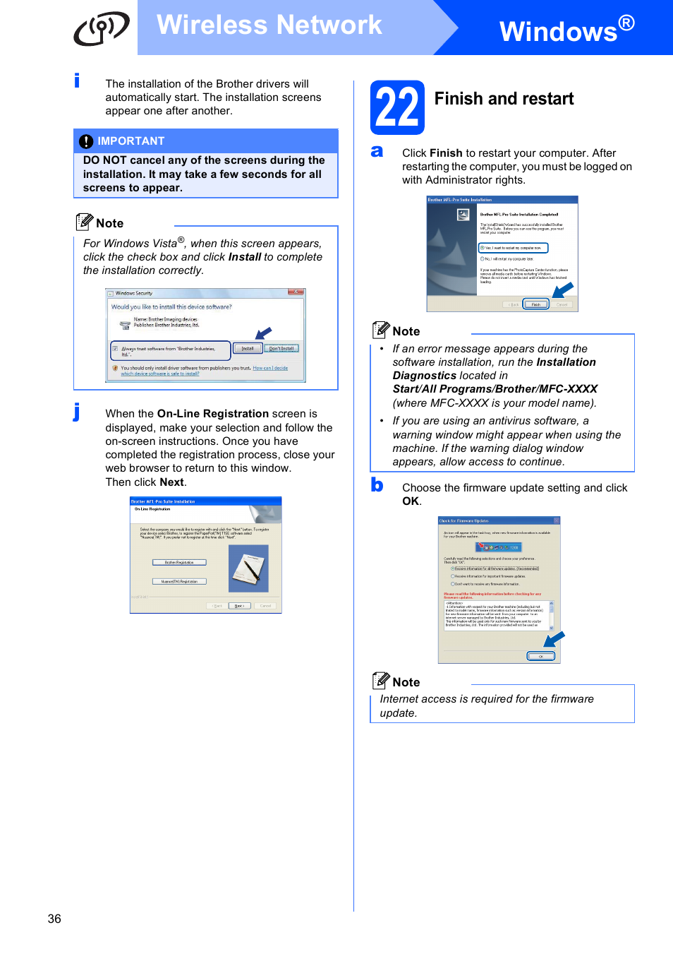 22 finish and restart, Windows, Wireless network | Finish and restart | Brother MFC-255CW User Manual | Page 36 / 46