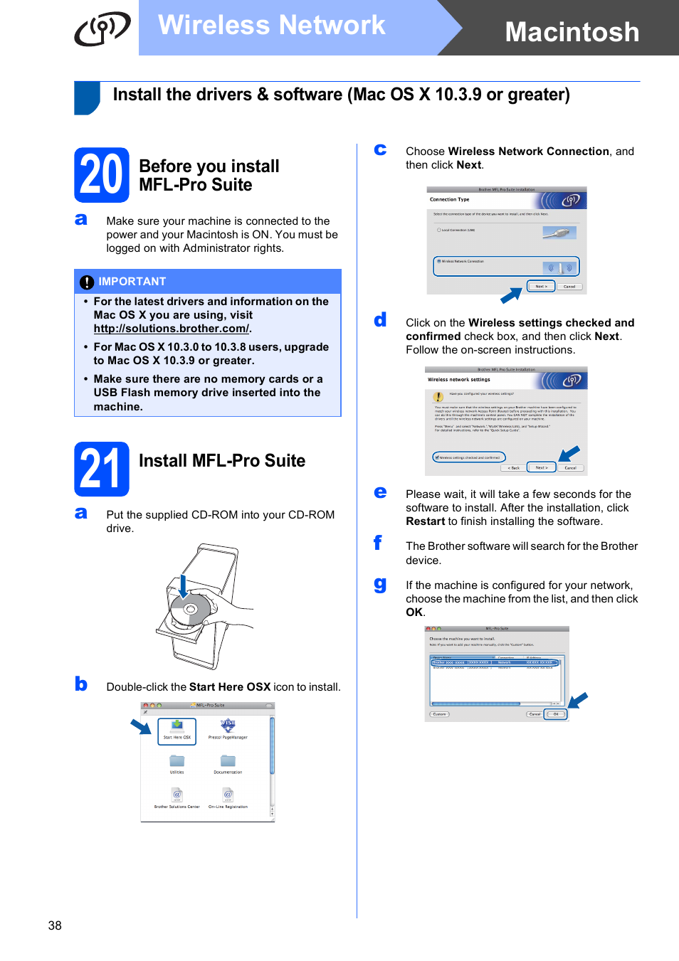 20 before you install mfl-pro suite, 21 install mfl-pro suite, Macintosh wireless network | Brother MFC-255CW User Manual | Page 38 / 46