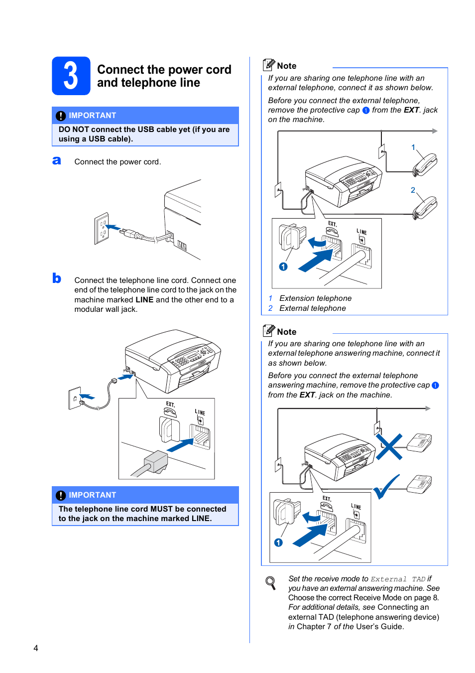 3 connect the power cord and telephone line, Connect the power cord and telephone line | Brother MFC-255CW User Manual | Page 4 / 46