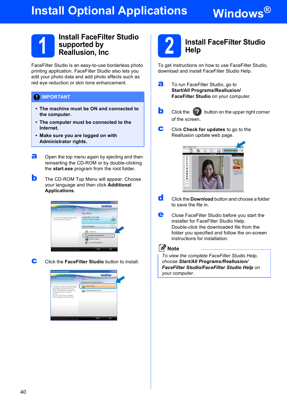 Install optional applications windows, 2 install facefilter studio help, Windows | Install optional applications | Brother MFC-255CW User Manual | Page 40 / 46