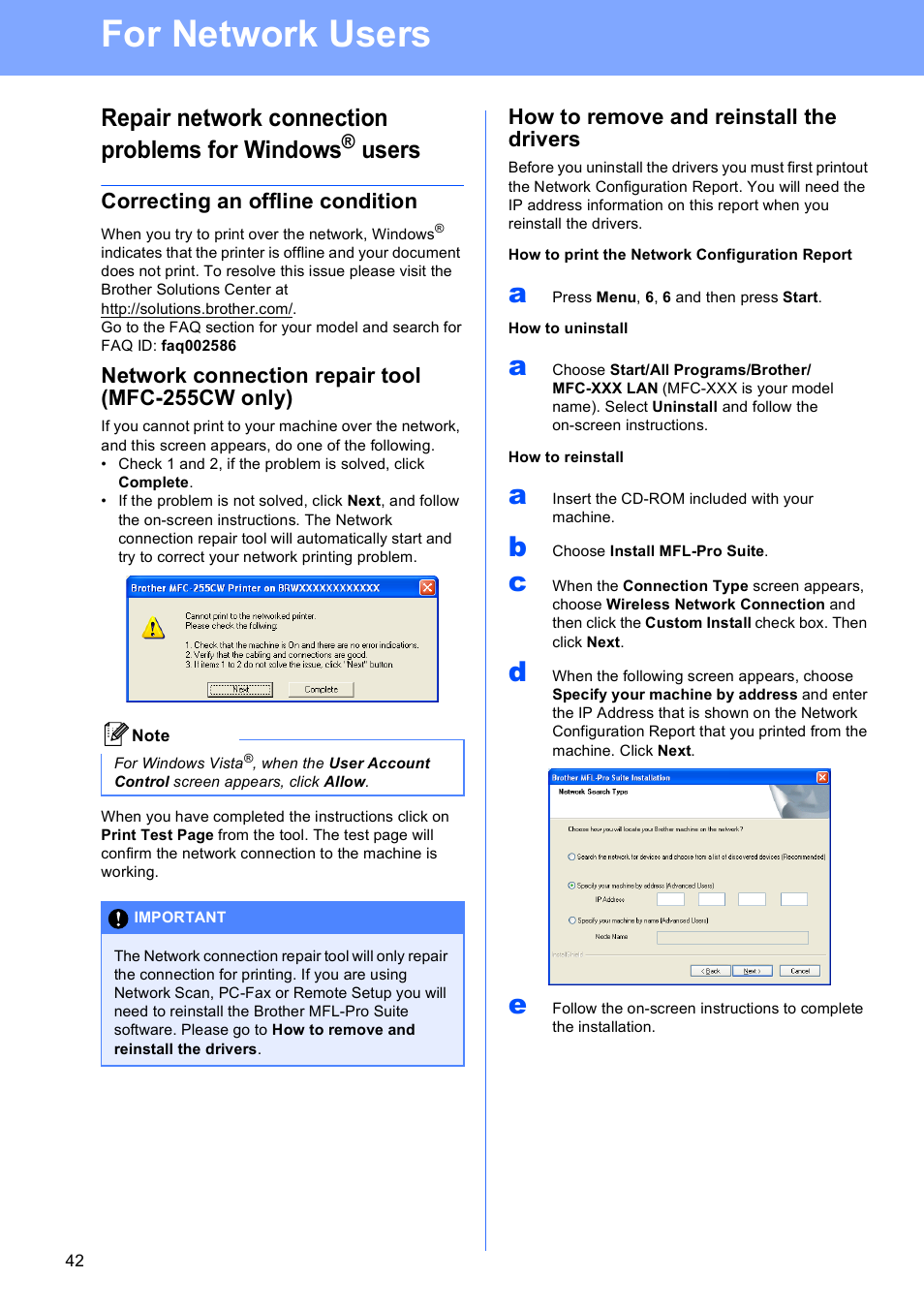 For network users, Correcting an offline condition, Network connection repair tool (mfc-255cw only) | How to remove and reinstall the drivers, Repair network connection problems for windows, Users | Brother MFC-255CW User Manual | Page 42 / 46