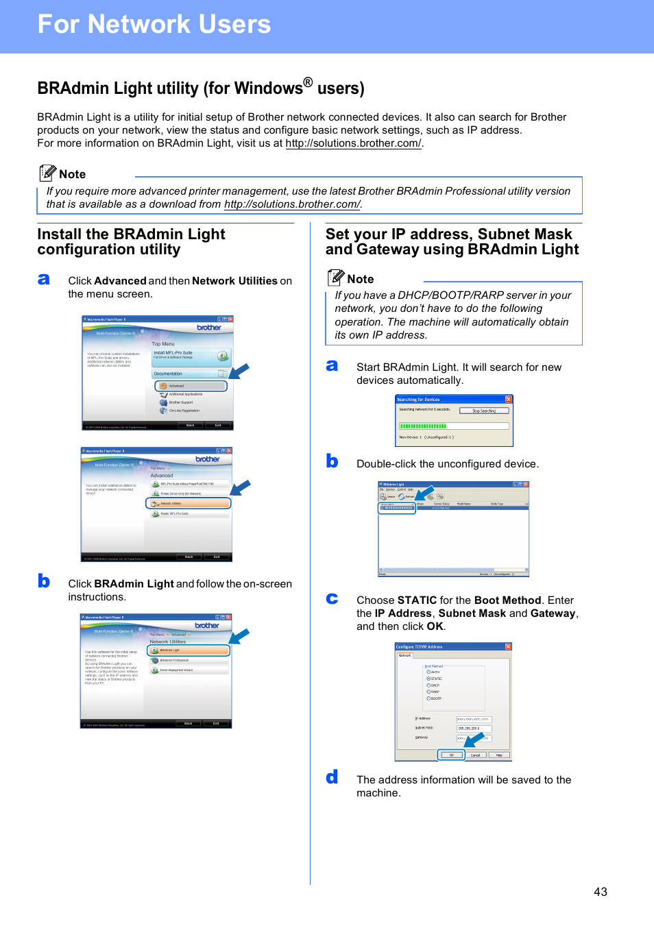 Bradmin light utility (for windows® users), Install the bradmin light configuration utility, For network users | Bradmin light utility (for windows, Users) | Brother MFC-255CW User Manual | Page 43 / 46