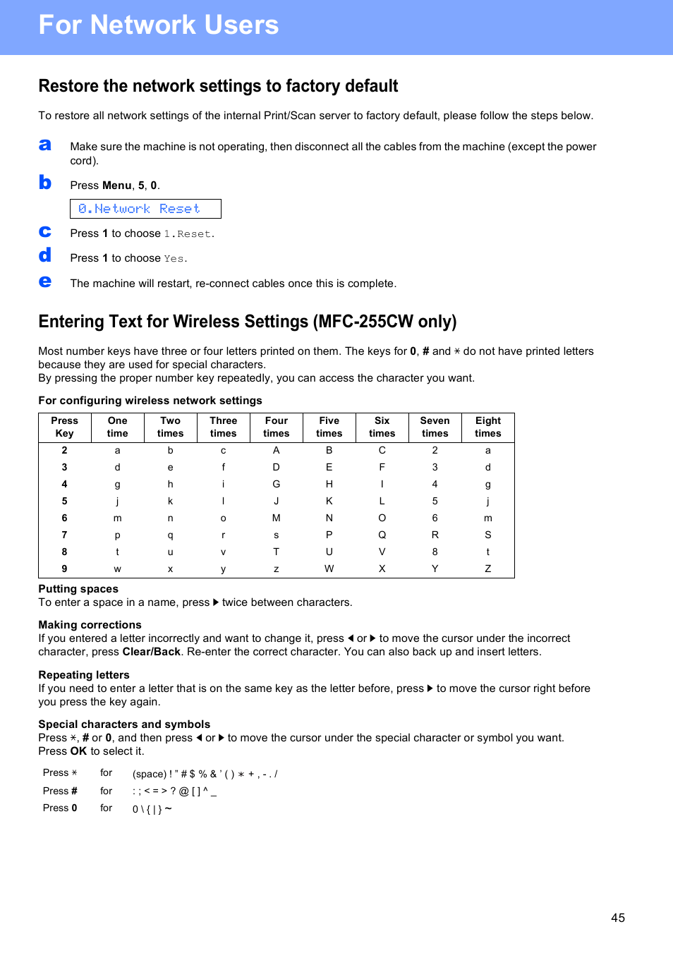 Restore the network settings to factory default, For network users, Network reset | Brother MFC-255CW User Manual | Page 45 / 46