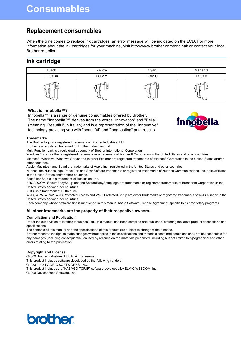 Consumables, Replacement consumables, Ink cartridge | Brother usa/can | Brother MFC-255CW User Manual | Page 46 / 46