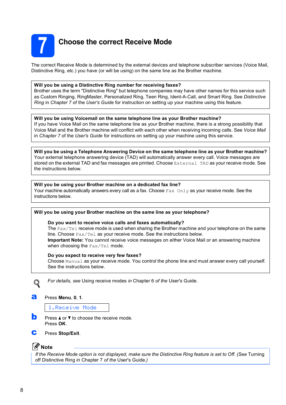 7 choose the correct receive mode, Choose the correct receive mode | Brother MFC-255CW User Manual | Page 8 / 46