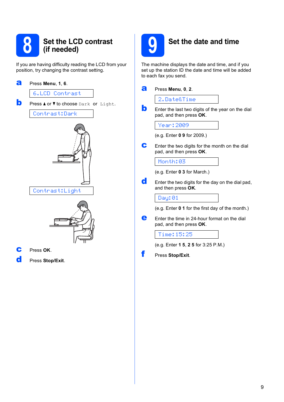 8 set the lcd contrast (if needed), 9 set the date and time | Brother MFC-255CW User Manual | Page 9 / 46