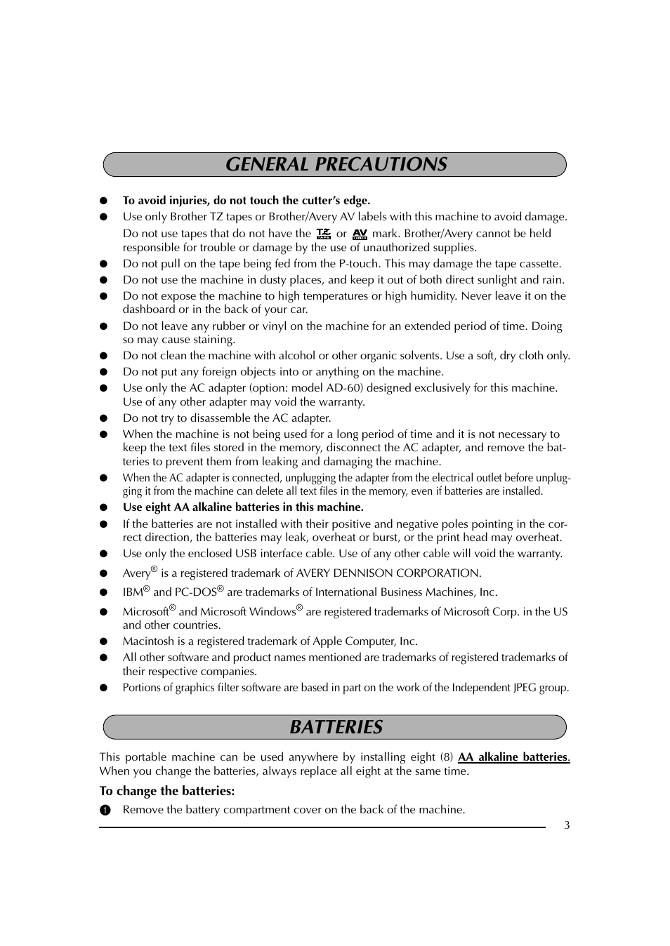 General precautions, Batteries, General precautions batteries | Brother PT-2600 User Manual | Page 10 / 250