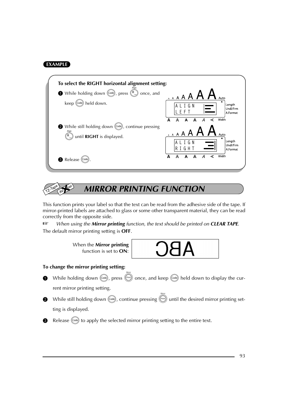 3 release c, Mirror printing function, Función de impresión en modo espejo | Brother PT-2600 User Manual | Page 100 / 250