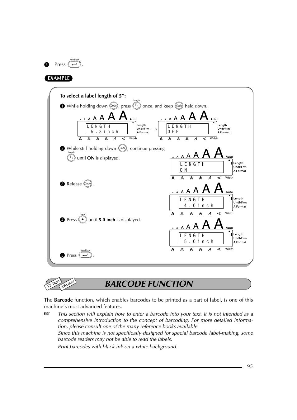 5 press, 3 release c, 4 press e until 5.0 inch is displayed | Barcode function, 5 presione | Brother PT-2600 User Manual | Page 102 / 250