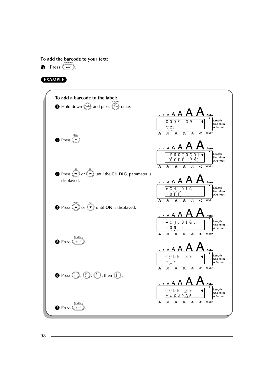 B press, 1 hold down c and press y once, 2 press e | 4 press e or h until on is displayed, 5 press, 6 press 1, 2, 3, then 4, 7 press | Brother PT-2600 User Manual | Page 105 / 250