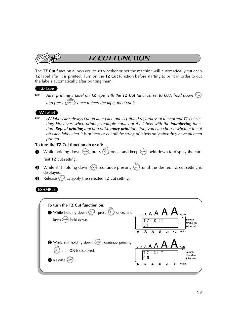 Tz cut function, 3 release c to apply the selected tz cut setting, 3 release c | Función de corte tz | Brother PT-2600 User Manual | Page 106 / 250