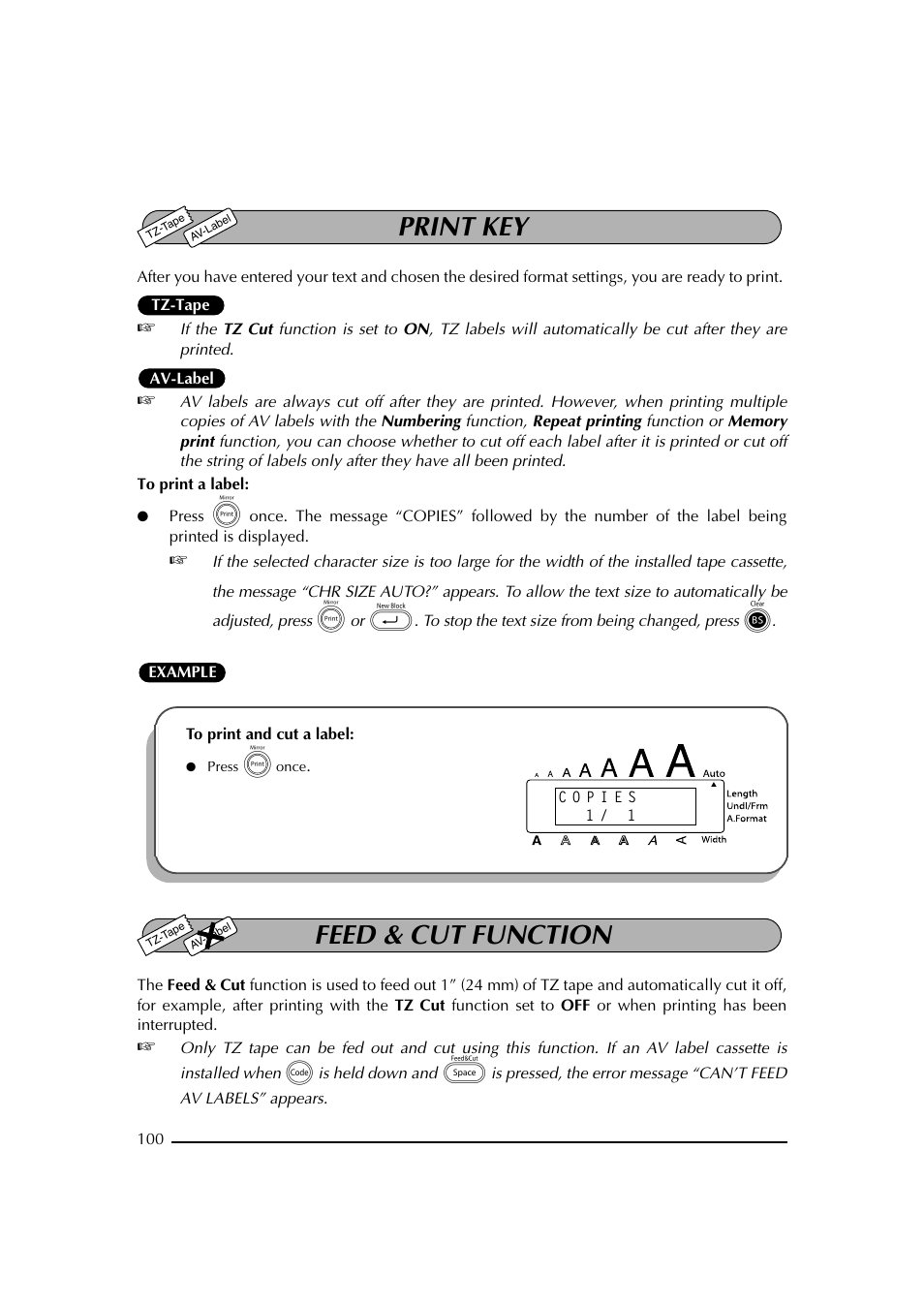 Print key, Feed & cut function, Función de avance y corte | Brother PT-2600 User Manual | Page 107 / 250