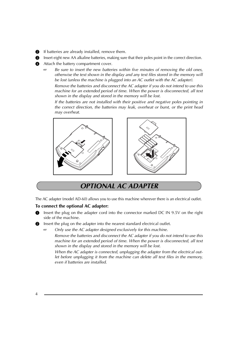 2 if batteries are already installed, remove them, 4 attach the battery compartment cover, Optional ac adapter | Adaptador de ca opcional | Brother PT-2600 User Manual | Page 11 / 250