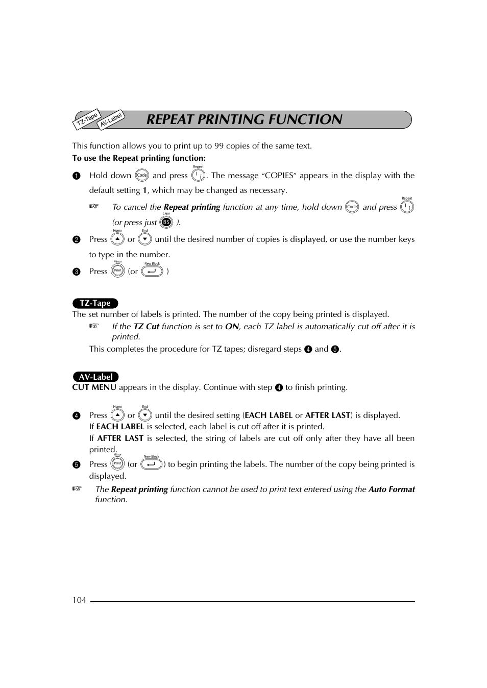 Repeat printing function, 3 press p (or _) | Brother PT-2600 User Manual | Page 111 / 250