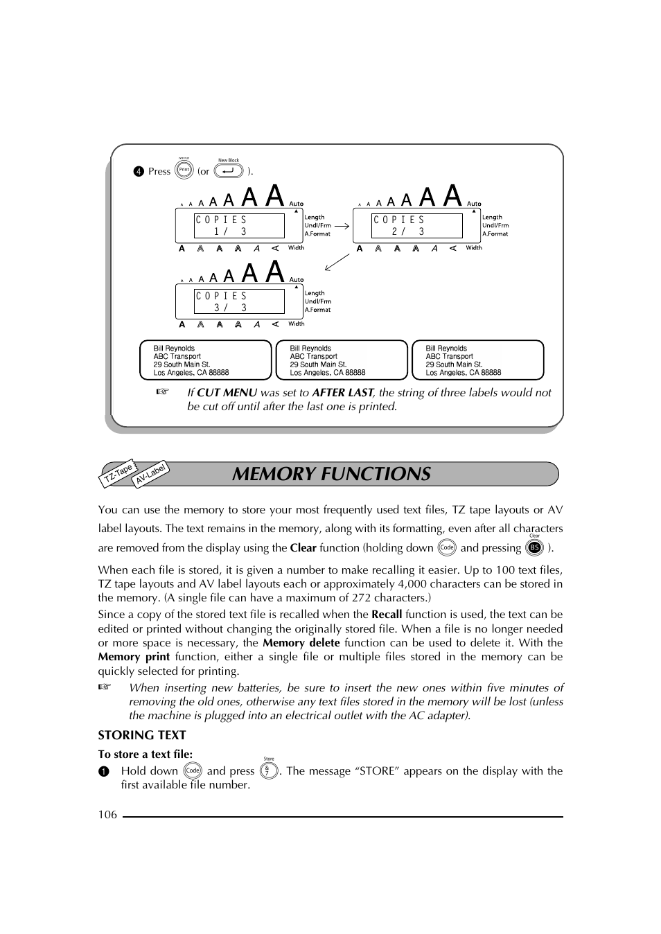 4 press p (or _), Memory functions, Funciones de la memoria | Brother PT-2600 User Manual | Page 113 / 250