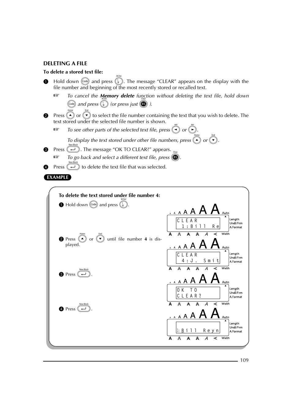 3 press _. the message “ok to clear?” appears, 1 hold down c and press 9, 2 press e or h until file number 4 is displayed | 3 press, 4 press, 3 presione _. aparecerá el mensaje “ok to clear | Brother PT-2600 User Manual | Page 116 / 250