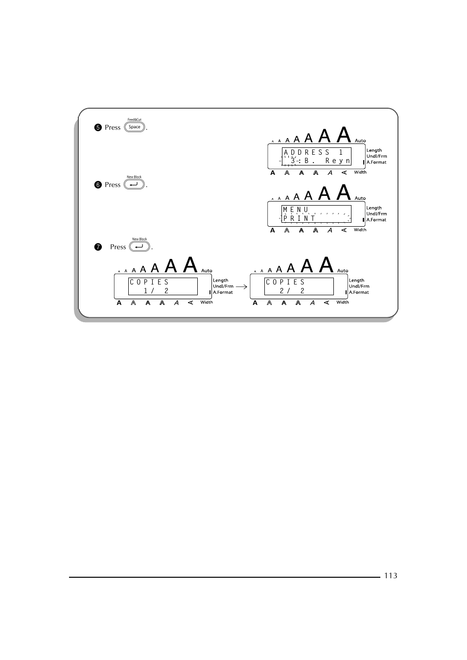 5 press r, 6 press, 7 press | Brother PT-2600 User Manual | Page 120 / 250