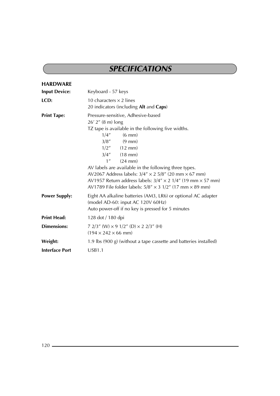 Specifications | Brother PT-2600 User Manual | Page 127 / 250