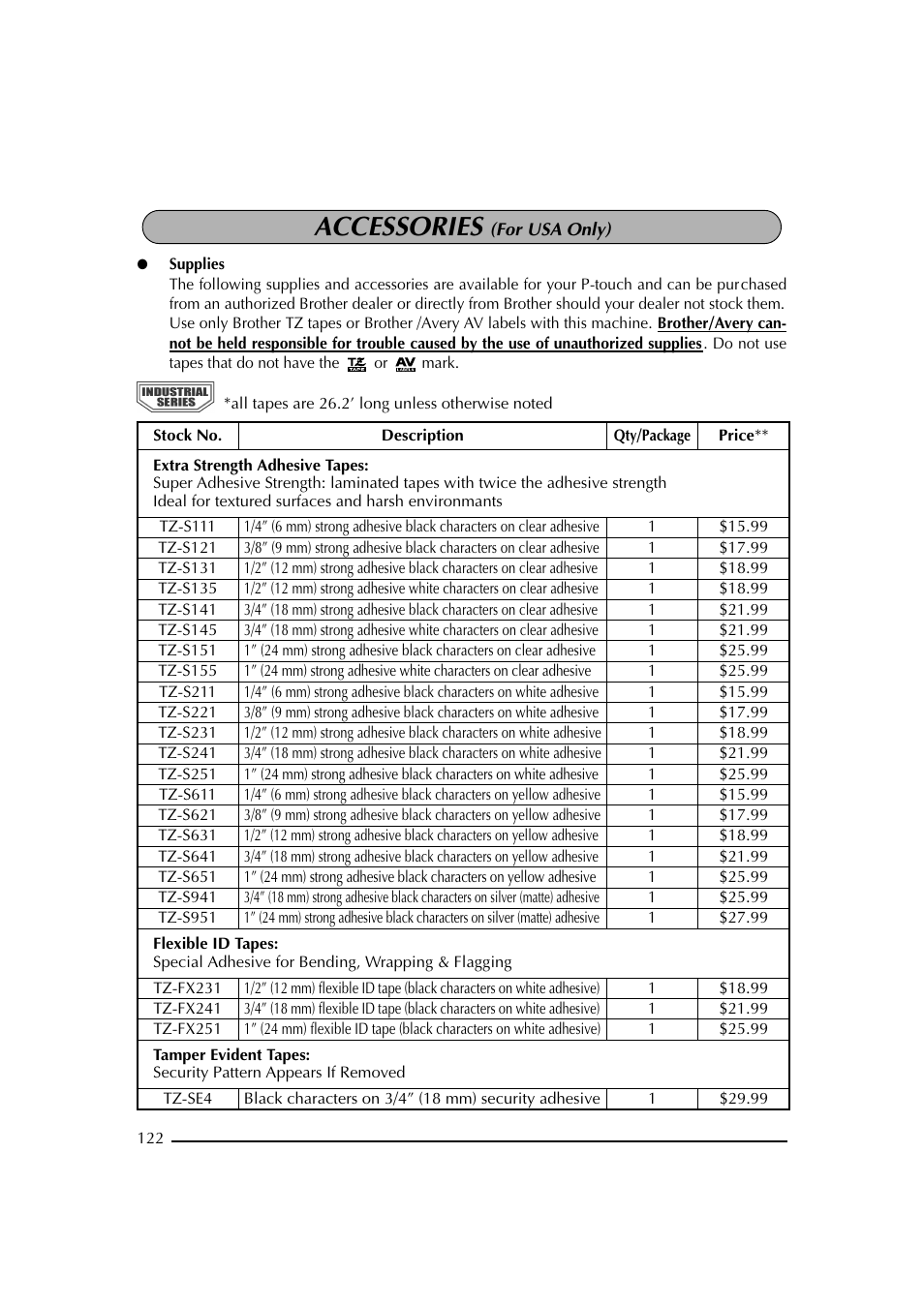 Accessories (for usa only), Accessories | Brother PT-2600 User Manual | Page 129 / 250