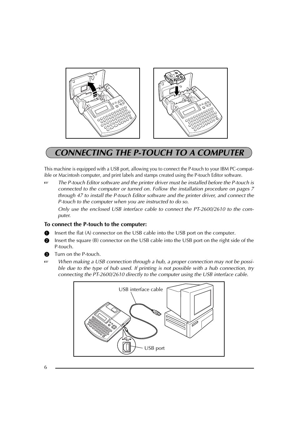 Connecting the p-touch to a computer, 3 turn on the p-touch | Brother PT-2600 User Manual | Page 13 / 250