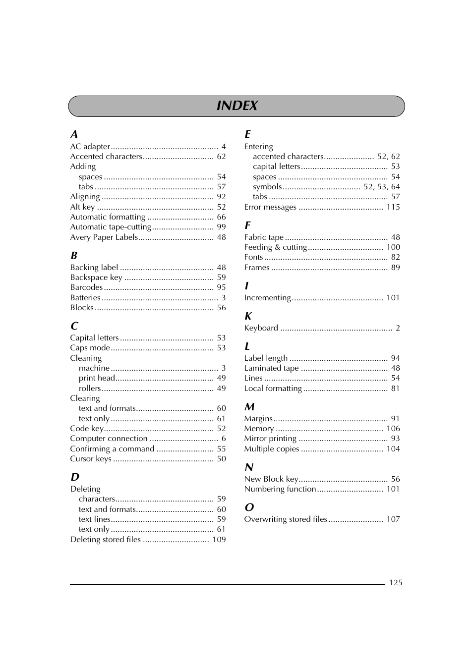 Index | Brother PT-2600 User Manual | Page 132 / 250